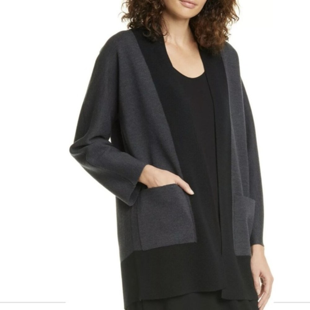 NWT  Eileen Fisher Charcoal/Black Extra Fine Merino Wool Cardigan
